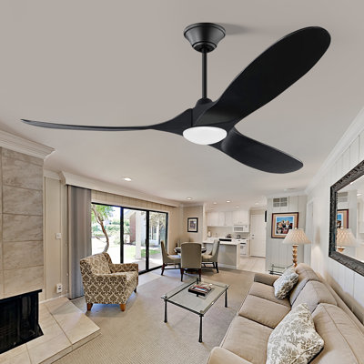 Ventilateur de plafond moderne à 3 pales avec lumières DEL et télécommande pour intérieur / extérieur couvert, 3 pales en bois massif, moteur à courant continu réversible à 6 vitesses, températures tricolores, tiges de 5 po / 10 po / 24 po