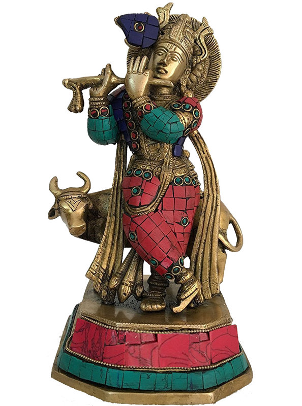 Brass Krishna Statue with Sacred Cow and Flute, 10 in. Tall, Turquoise Coral Inlay Hindu Deity Figurine for Home Altar & Meditation Room