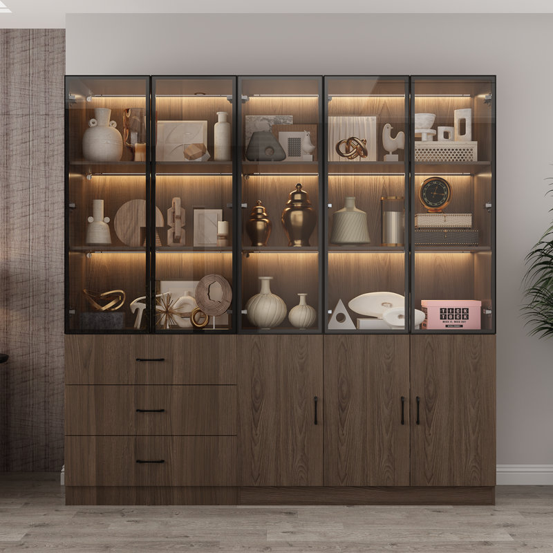 78.7" Wide Glass Door Display Case Curio Cabinet With LED Lights