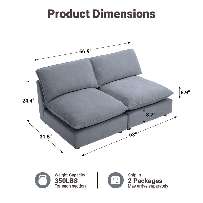 2 Piece 67'' Armless Modular Sofa, Blue Gray