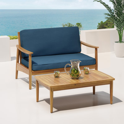 2 Pcs Outdoor Patio Set with Loveseat and Coffee Table, Wood Frame and Cushions