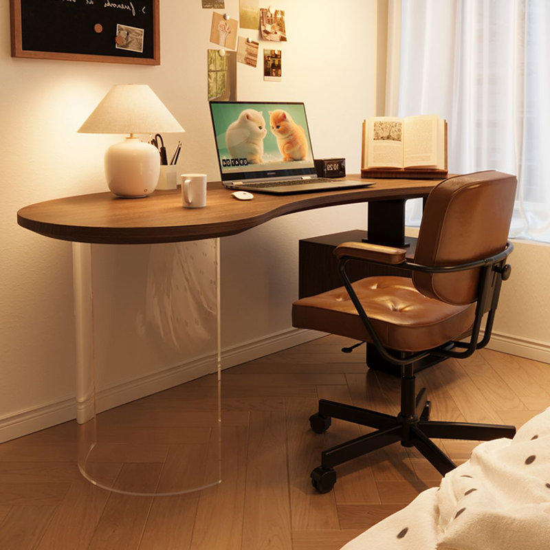Bureau d'écriture en bois massif courbé noisette avec 2 tiroirs, Retour à droite, H 29,53 po x l 62,99 po x P 30,31 po