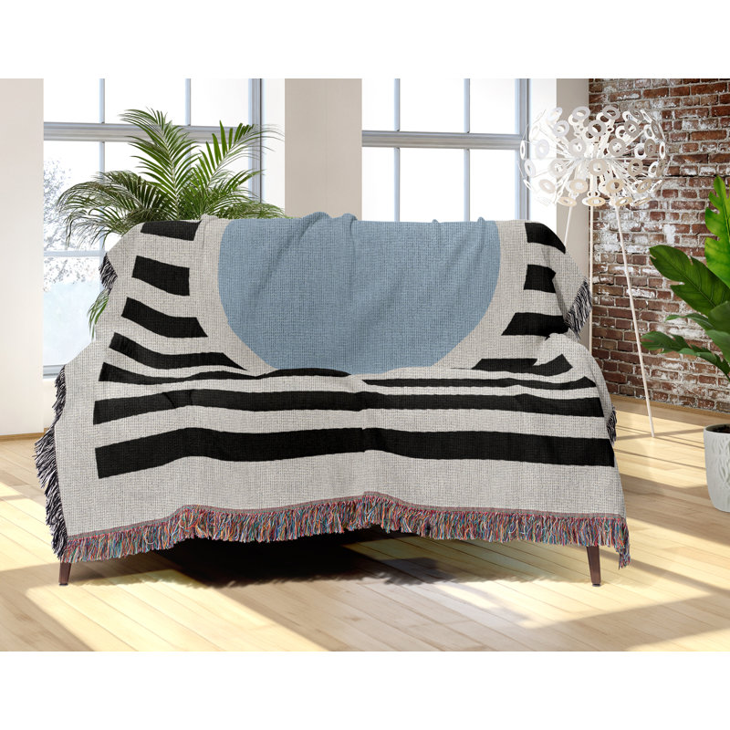 Circle Abstract Cotton Blend Blanket Throw, 60" L x 60" W, Blue/Black/Off-White