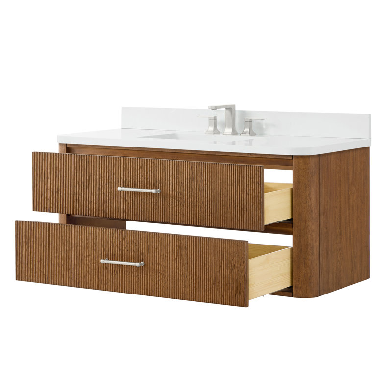 Ensemble de meuble-lavabo mural simple 48 po en noyer grillé Francesca, Brun et nickel brossé, Quartz blanc
