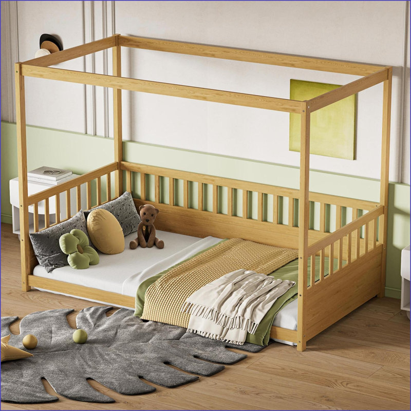 Twin Size Pine &amp; Plywood Canopy Floor Bed Frame with Guardrails, Natural Finish