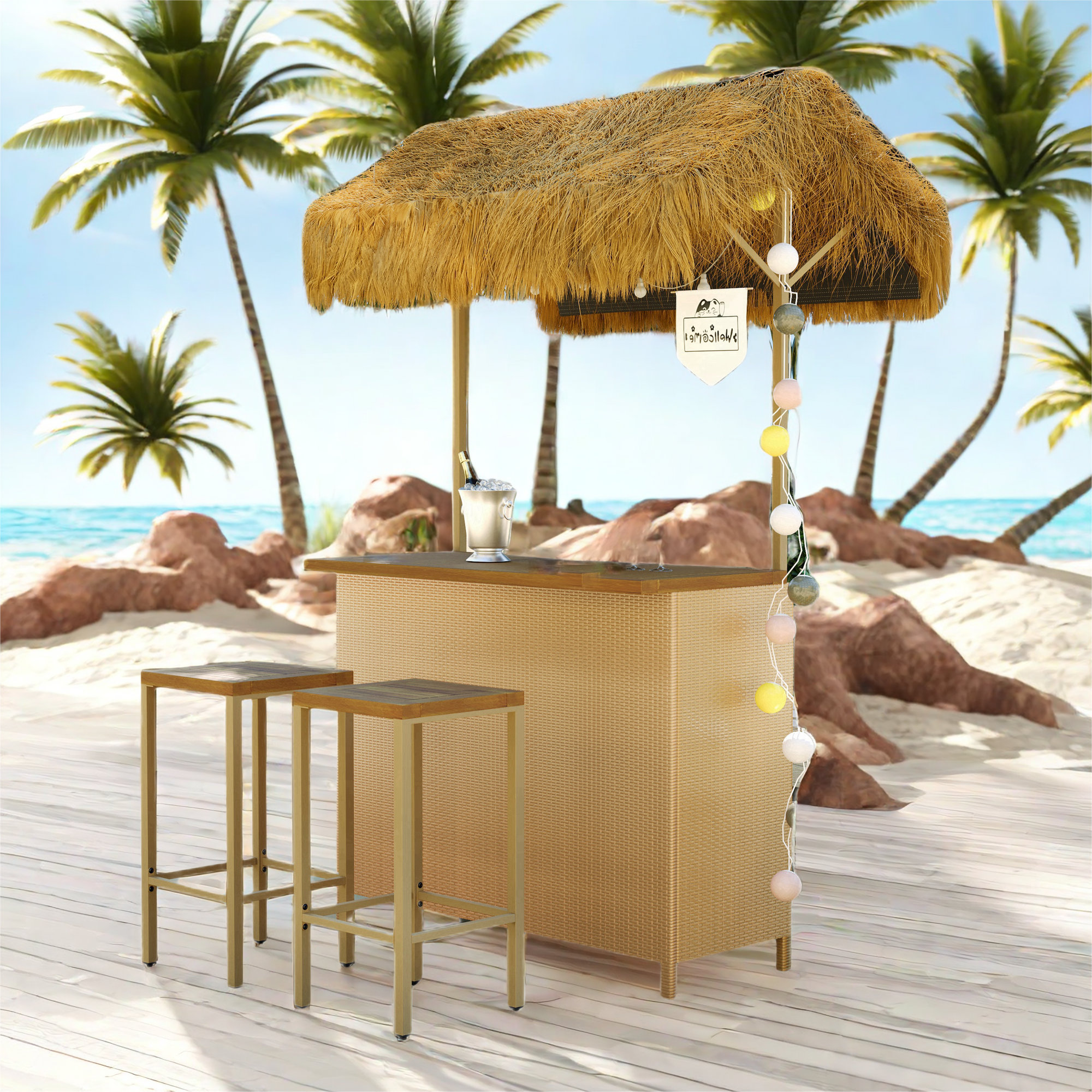 Latitude Run® Donovon Outdoor Hawaiian Style Bar Set with Two Stools