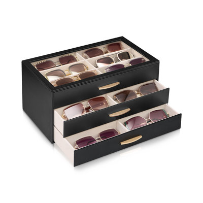 Sunglasses Organizer with Enlarged Compartment, 18 Slots 3-Layer Eyewear Storage Box Women’s Glasses Case Display Holder with Clear Top Lid for Eyeglass Collection, Gift for Women