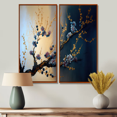 Branche de cerisier bleu I - paysages, bonsaï sur toile, 2 pièces