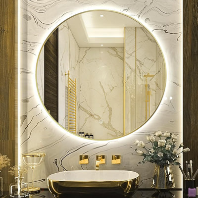 Miroir de salle de bain rond 24 po à DEL, miroir de meuble-lavabo mural rétro-éclairé à DEL avec miroir à cercles lumineux anti-buée et cadre doré brillant, miroir lumineux à 3 couleurs