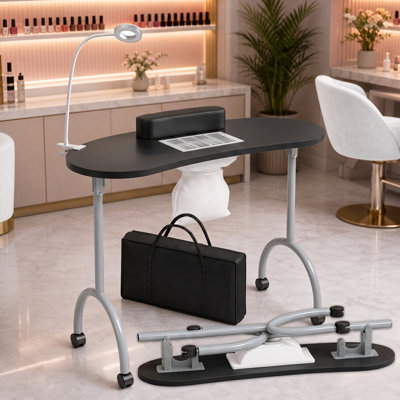 Table de manucure pliante portable avec lampe à DEL et ventilateur collecteur de poussière - Station mobile tout-en-un Nail Tech pour un usage domestique et professionnel, 4 roues verrouillables, coussin de poignet et sac de transport, rose / blanc / no