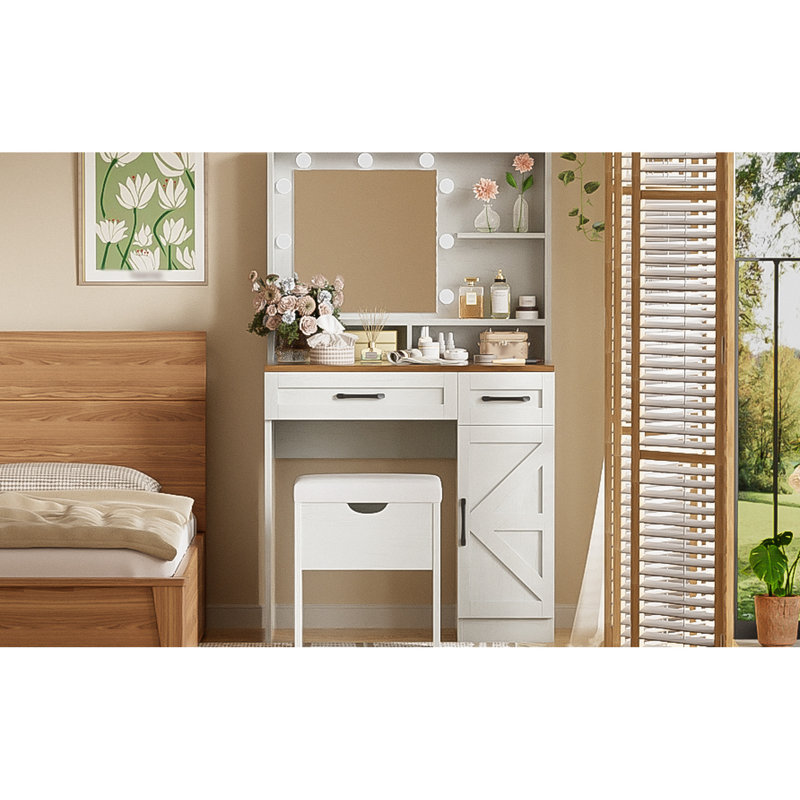 Coiffeuse style avec miroir et lumières, 3 réglages, 2 tiroirs, tablette réglable, armoire latérale pour la chambre à coucher, lumières et miroir de chambre à coucher blancs, modes, tablettes, armoire, bureau de maquillage