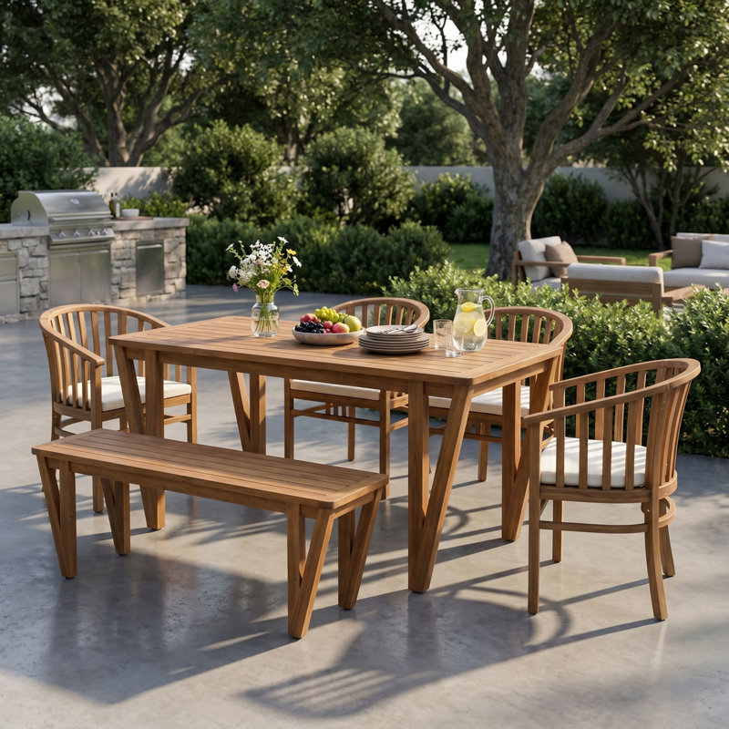 Ensemble de salle à manger 6 pièces en bois d'acacia rustique moderne avec pieds en forme de V et chaises coussinées Lillian