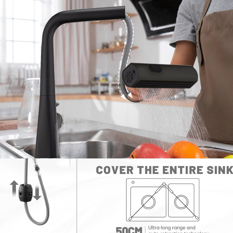 Robinet de cuisine noir mat en cascade - affichage de la température et commande à une poignée rétractable et trois formes de sortie d'eau, jet, évier de pluie avec