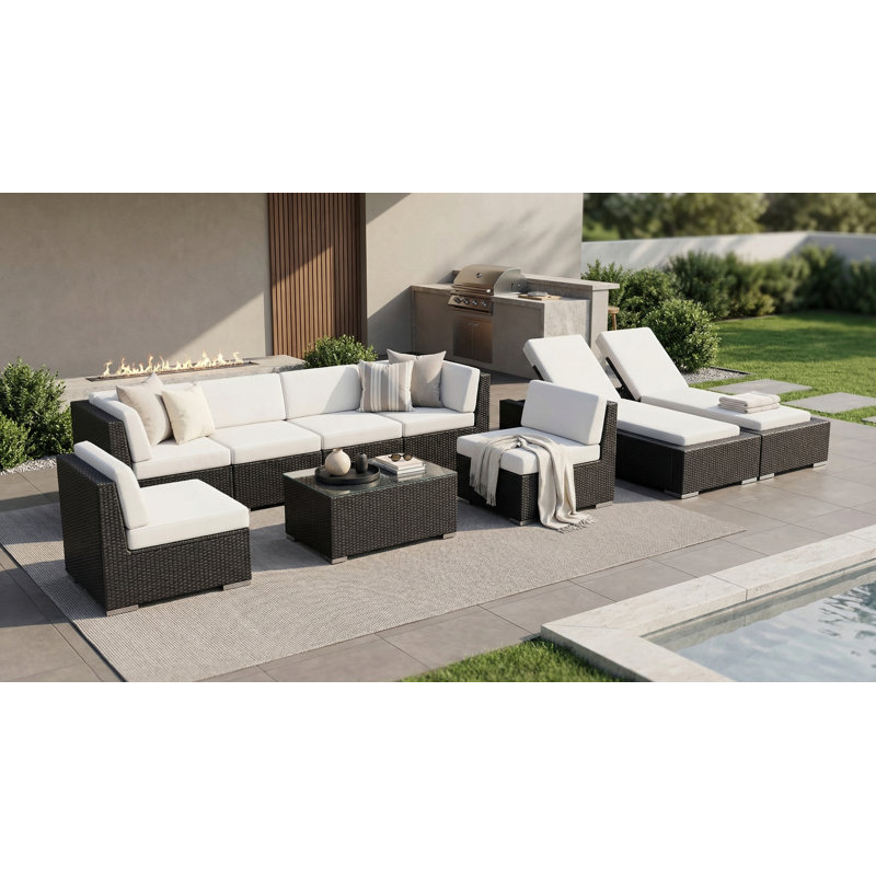 Barna 9 Piece Rattan Sectional Seating Group with Cushions - No Assembly, Natural Sunbrella® Canvas, Black