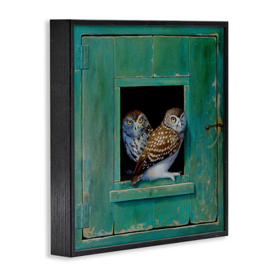 Spotted Owls Perched Rustic Green Door Ledge by Alan Weston - Floater Frame Painting on Canvas
