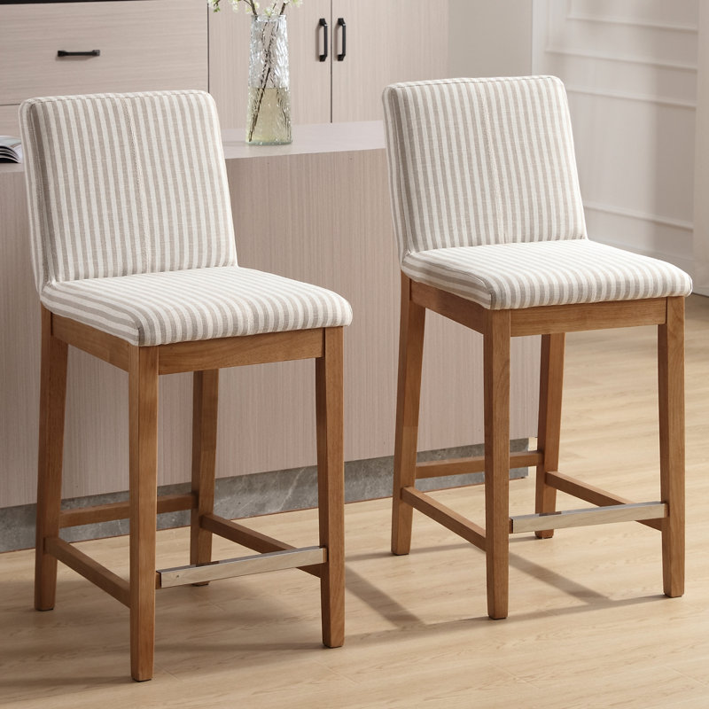Alayha Upholstered 26'' Counter Bar Stools with Solid Wood Frame Set of 2, Beige Stripe