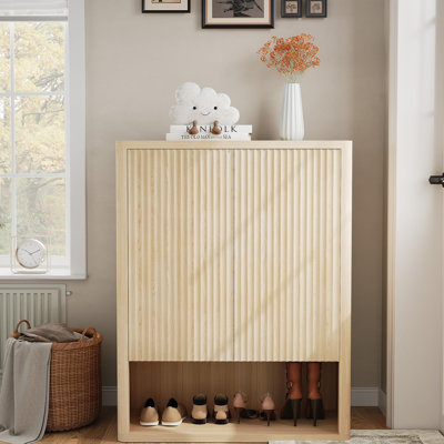 Modern Fluted 5-Tier Shoe Cabinet with Adjustable Shelves and Doors | Stores up to 20 pairs with adjustable shelves, push-open fluted doors, an open shoe rack and wall anchor for entryways