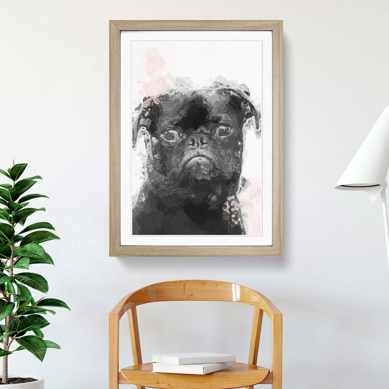 Paint Splashed Pug Dog in Abstract - Picture Frame Graphic Art Print, 36cm H x 27cm W x 2cm D, Oak Framed