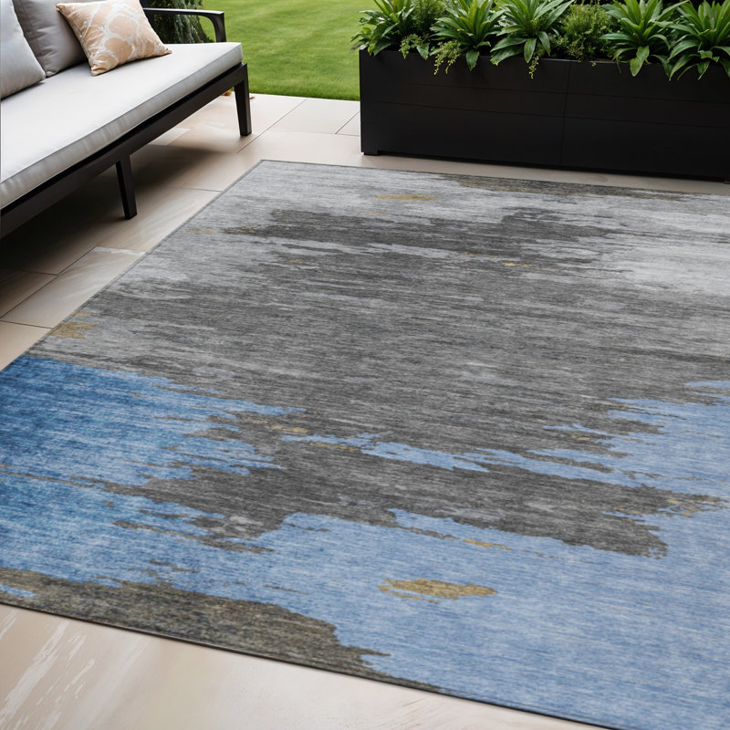 Tapis extérieur lavable abstrait bleu et gris 5 pi x 8 pi Denim