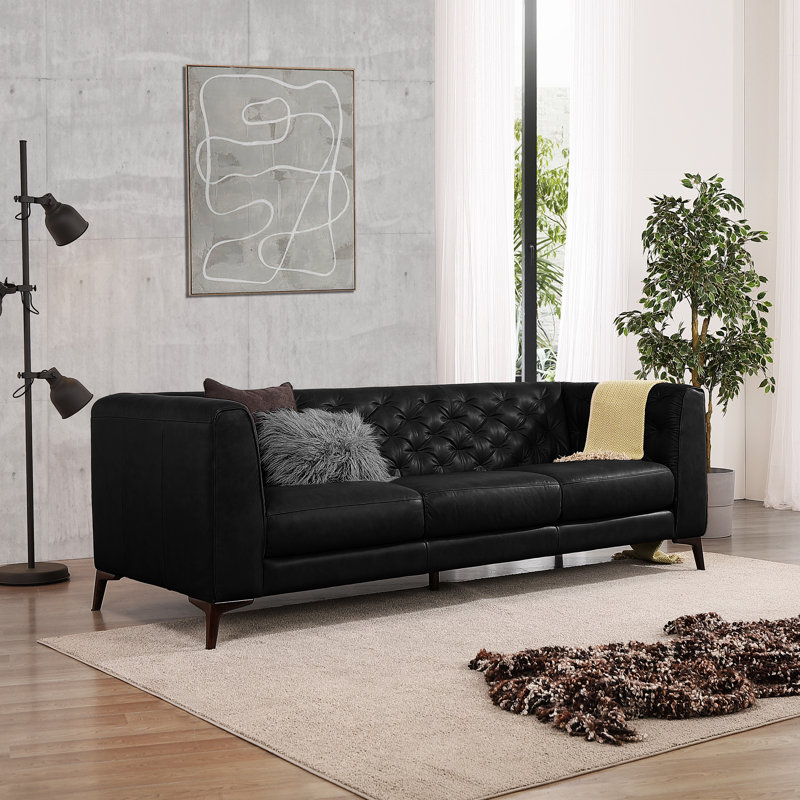 Canapé en cuir véritable capitonné moderne Mid Century de 90 po Moishe Havana, Cuir véritable noir