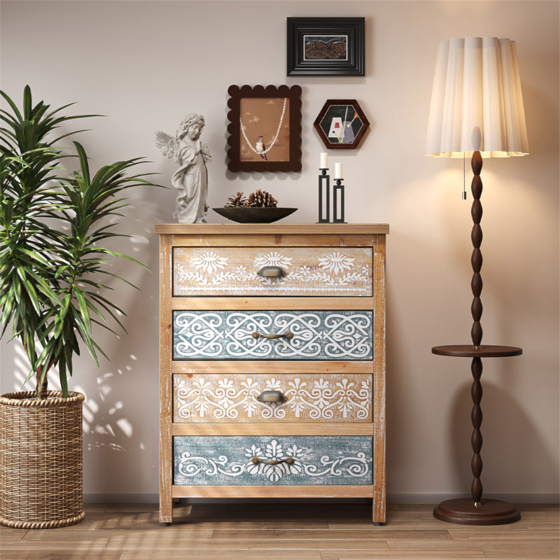 Commode vintage à 4 tiroirs avec motif en bois patiné et orné, commode de rangement rustique pour chambre à coucher / salon