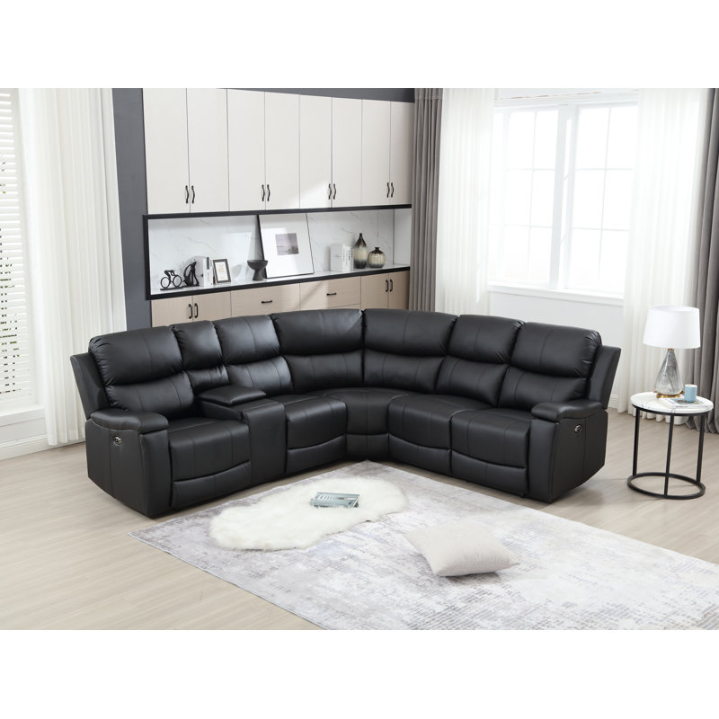 110" Wide Vegan Leather Power Reclining Sectional Sofa with Storage & Cup Holder, Midnight Performance Faux Leather