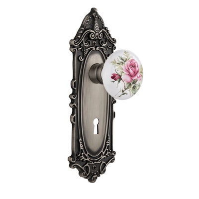 White Rose Porcelain Interior Mortise Door Knob with Victorian Long Plate