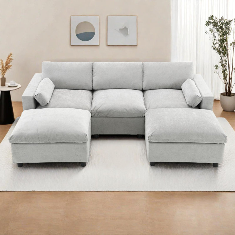 Canapé modulaire en forme de U 84,5 po avec poches de rangement et repose-pieds mobiles, canapé en chenille 5 places