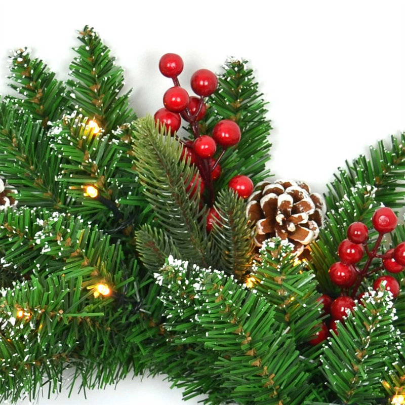 55cm Pre-Lit Christmas Wreath with Red Berries, Pine Cones and Frosted PVC Tips