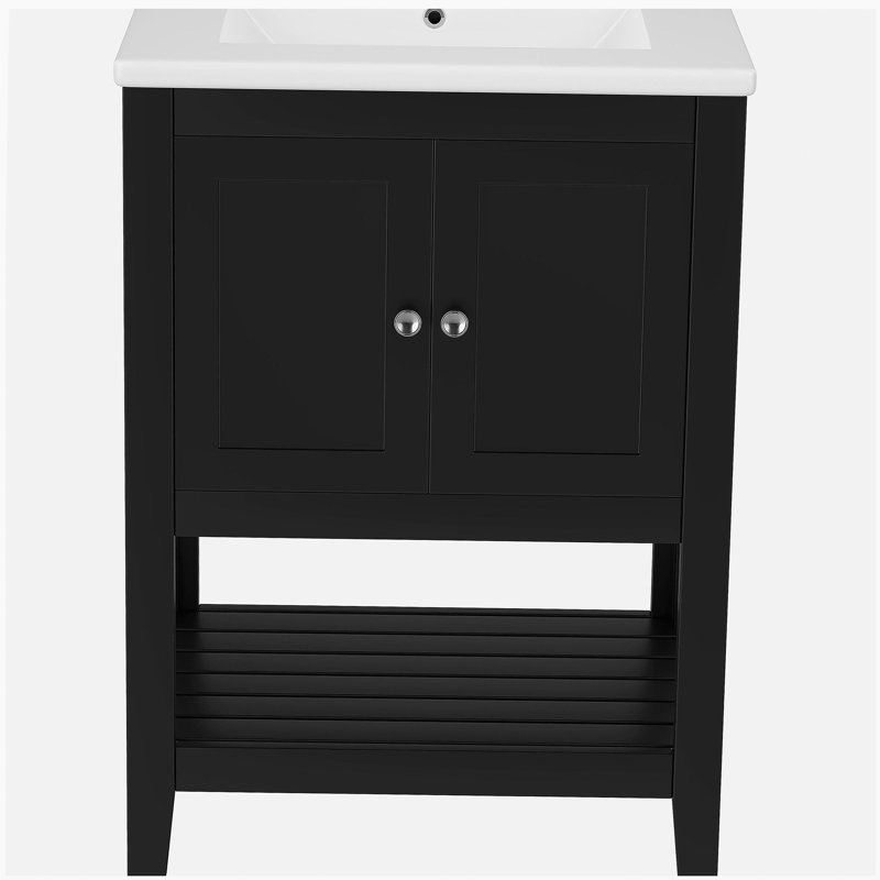 Meuble-lavabo minimaliste moderne de 24 po avec bol en céramique et tablettes ouvertes en bois massif, Noir