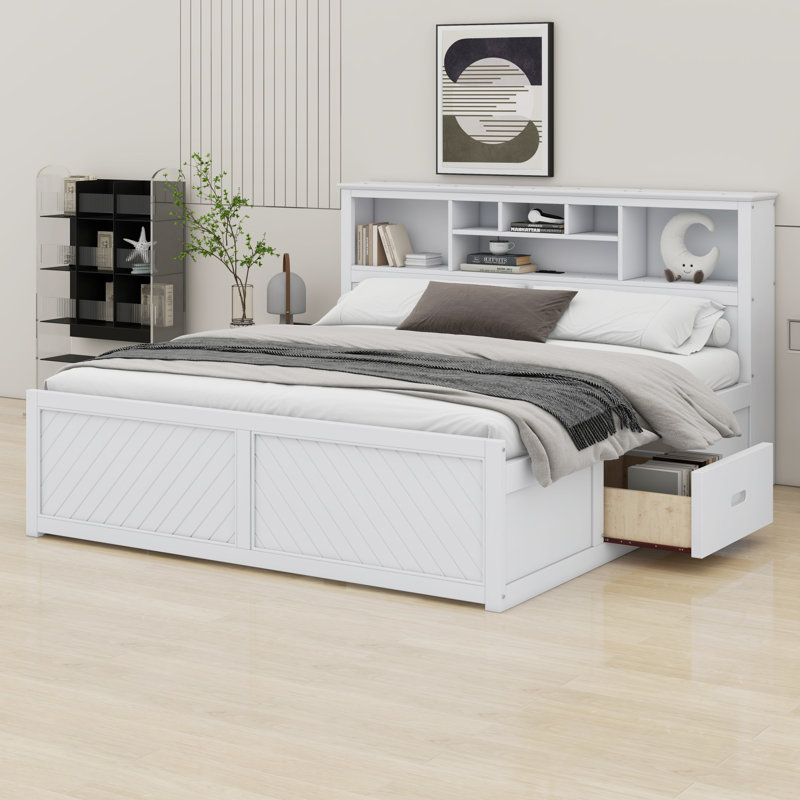 Lit plateforme en bois avec tête de lit multi-rangement, USB et tiroirs, Blanc