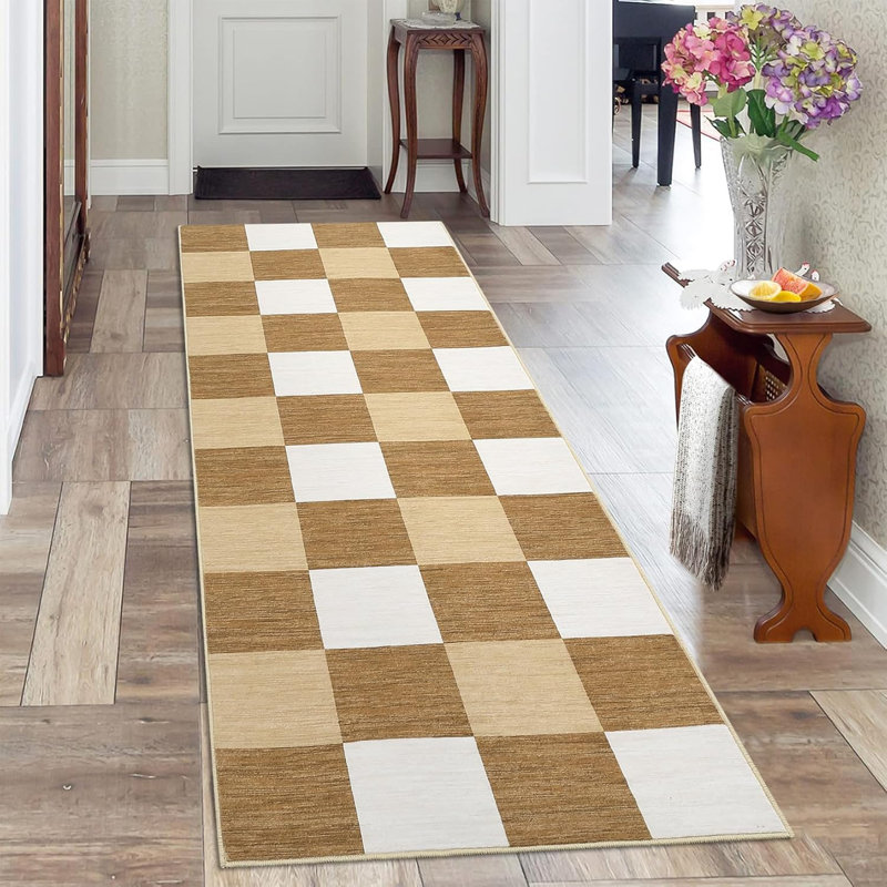 Runner Rugs Living Room Washable 2x6 Area Rugs Thin Foldable Modern Print Decorative Plaid Rugs Bedroom Dining Room Brown Taupe & Cream