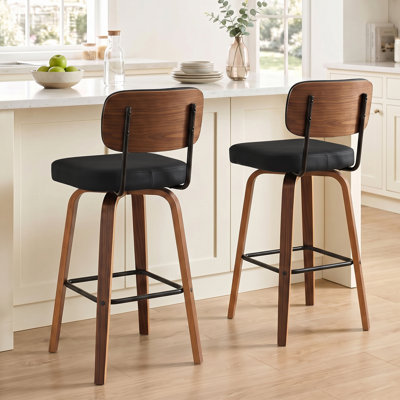 Swivel Upholstered Bar Stool with Walnut-Finish Bentwood Frame