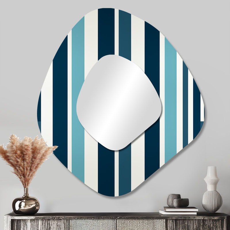 Nautical Blue Stripes Coastal Pattern I - Striped Irregular Shape Wall Mirror, Modern Asymmetrical Decorative Mirror, Printed Metal Art