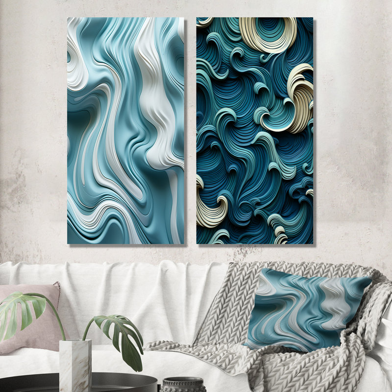 «Blue and White Wave Tiles Impressions I - Abstract Modern Waves», ensemble de 2 reproductions d'art mural, Toile tendue