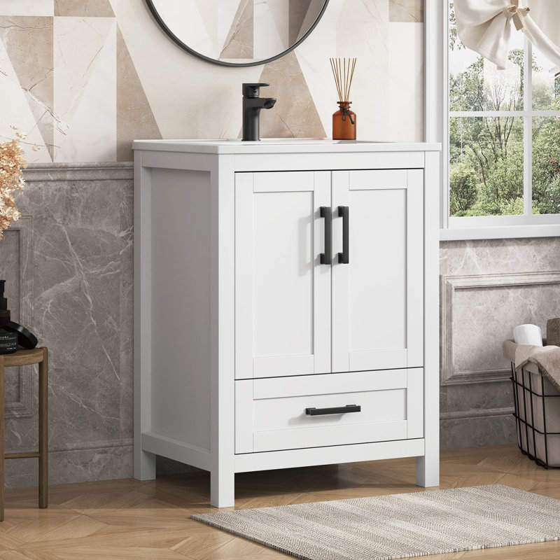 Meuble-lavabo simple autoportant avec plateau en composite Korde, 25", Blanc