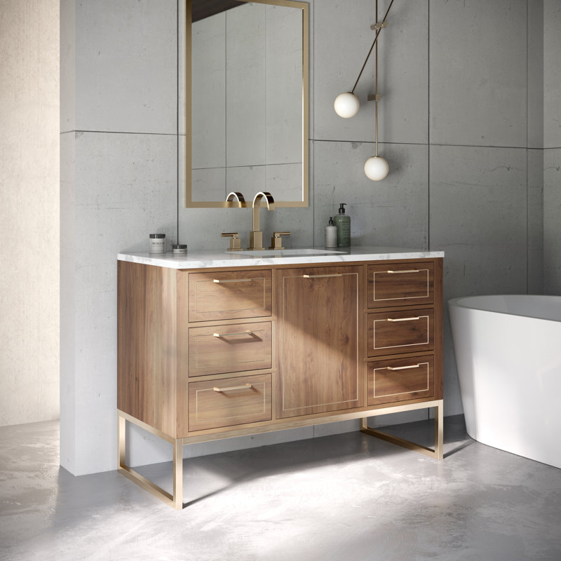 Markham 48'' W Single Vanity, Carara Marble, Walnut, Satin Brass