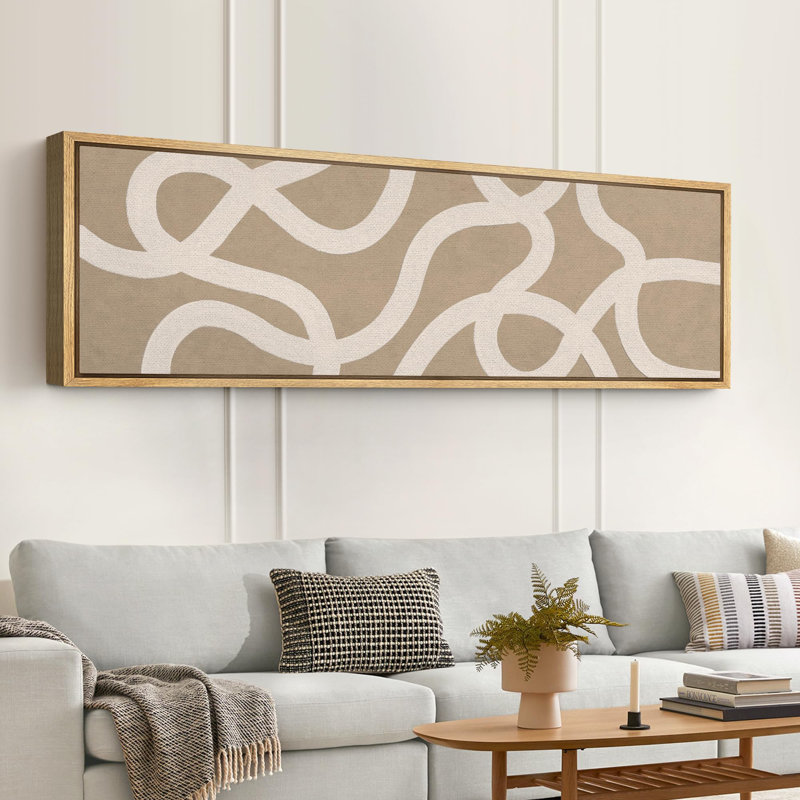 Lignes blanches abstraites sur art moderne beige, H 20 po x l 60 po, Naturel