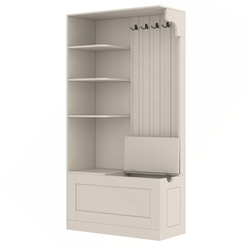 Armoire d'arbre de couloir multifonctionnelle gauche-droite avec rangement et 4 crochets pour le salon et le couloir, Beige
