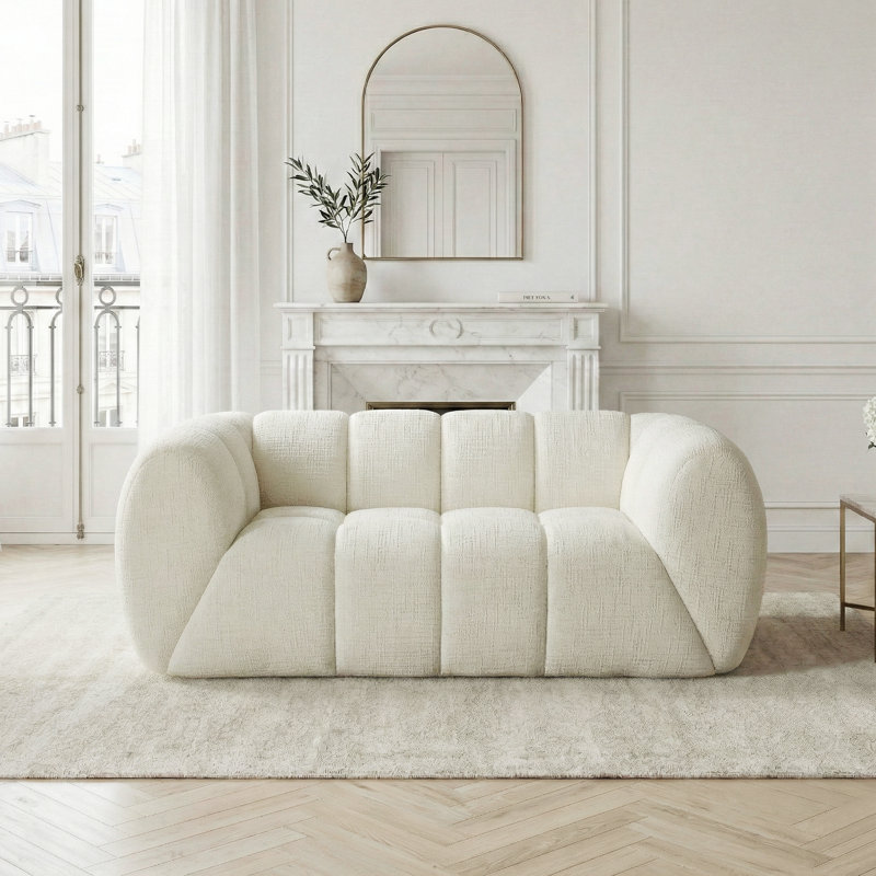 Canapé en chenille moderne à compression avec siège à carreaux matelassé, canapé 2 places tout mousse à assise profonde, 2