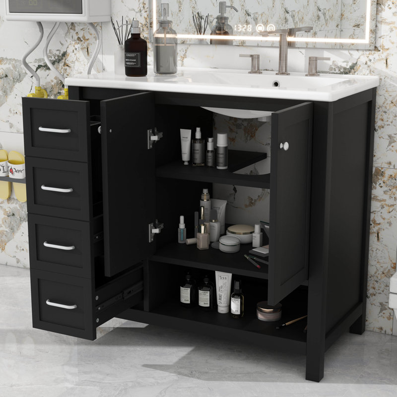 Meuble-lavabo 36 po avec portes doubles et tiroirs, Noir