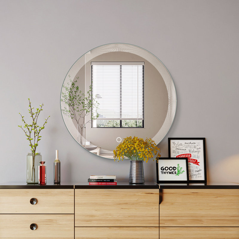 Ivy Bronx Smart Bathroom Mirror Wall Mounted Round Lighted Makeup Mirror 24in