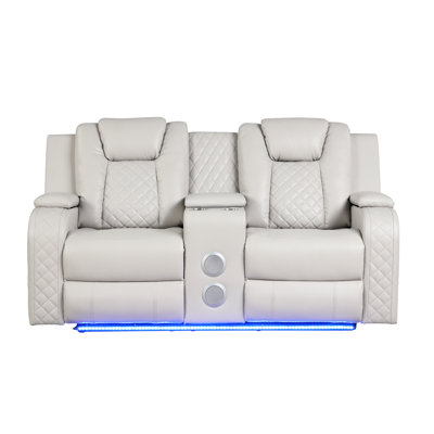 Ice Faux Leather Led & Power Reclining , One Control For Recline, Adjustable Headrests, Ambient At Bottom, Built-in , Cup Holders, Modern Look, Solid Wood+ Filler, Medium-soft Seat With In Leather,