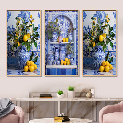 Greek Tiles Still Life Kitchen I - Boho Pottery Wall Decor Set Of 3