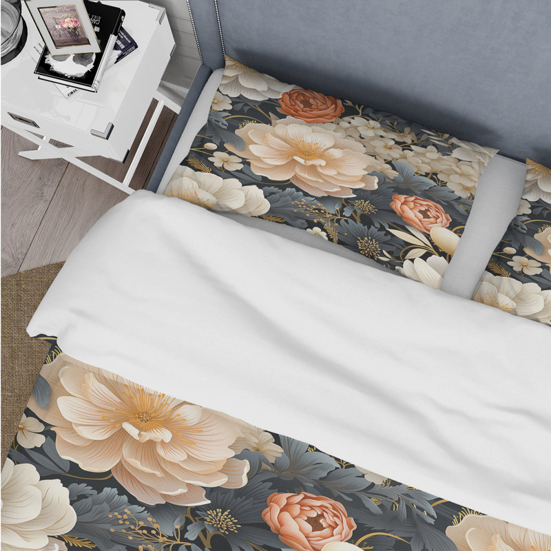Ensemble de housse de couette White Peony Cottage Collage, Housse de couette pour grand lit et 2 taies décor