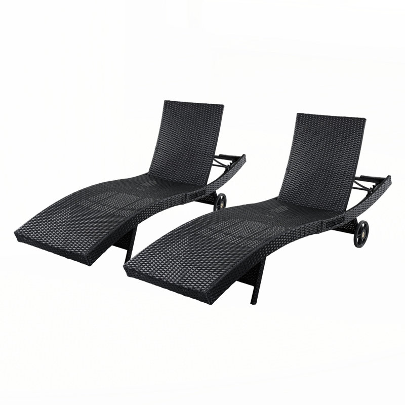 Outdoor Rattan Reclining Lounge Chair w/ Rolling Wheels & Pull-out Side Table, Black