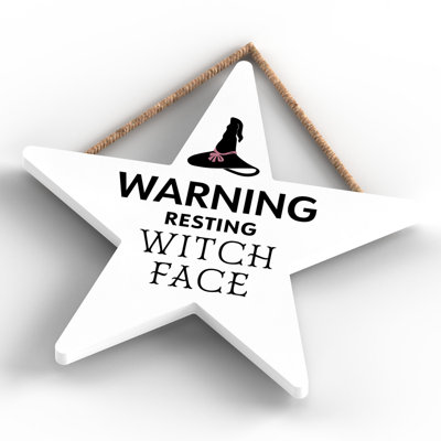 Warning Resting Witch Face Wooden Star Plaque