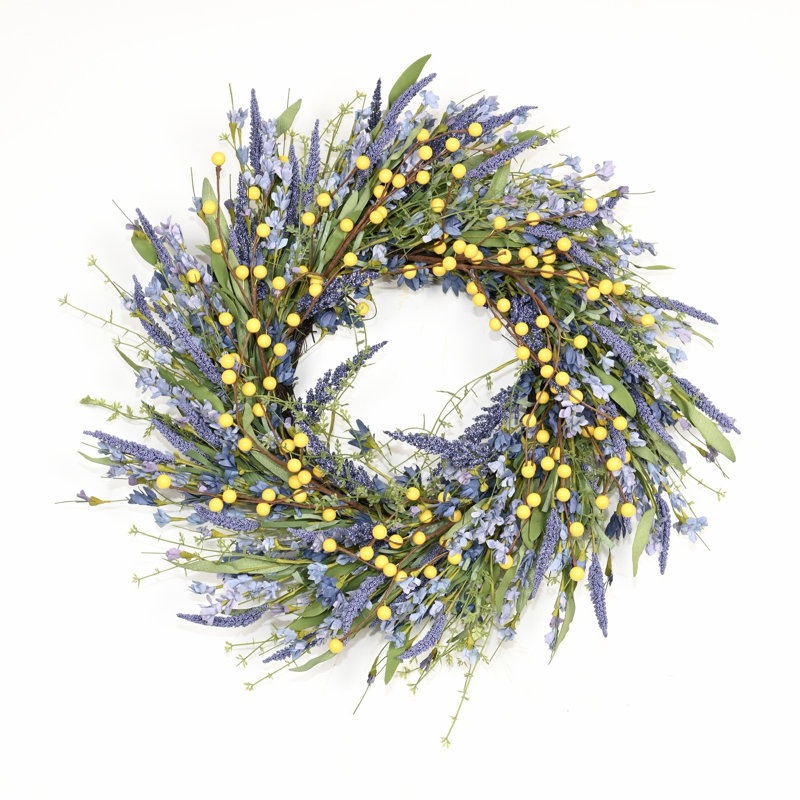 Couronne de porte de 22 po de style champêtre artificiel avec feuilles et fleurs