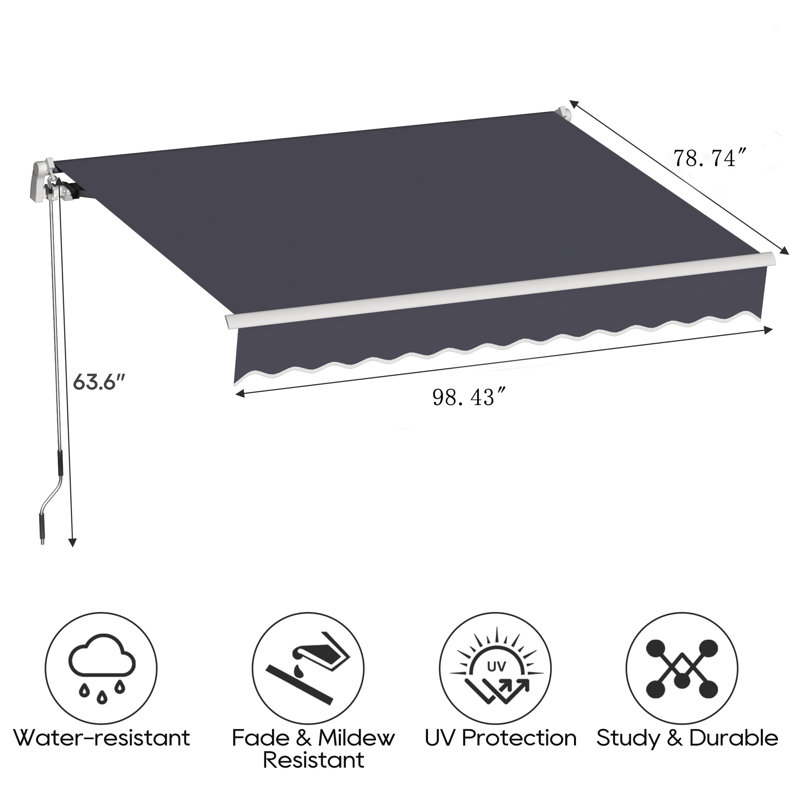 Auvent de terrasse à inclinaison manuelle, H 63,6 po x l 98,4 po x P 78 po, Gris