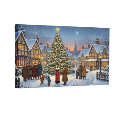 Scène de village de Noël avec arbre et personnages, ensemble de 3 impressions sur toile